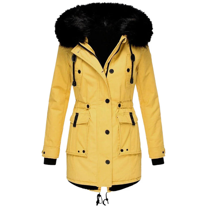 Lange dames winterjas met capuchon, gewatteerde stof en stevige rits, voor stijlvolle warmte en bescherming in de winter.