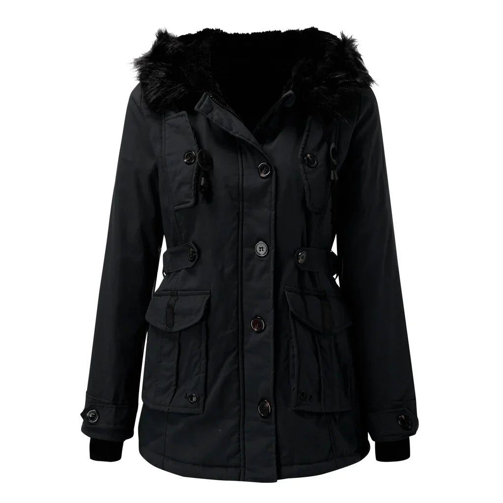 Lange dames winterjas met capuchon, gewatteerde stof en stevige rits, voor stijlvolle warmte en bescherming in de winter.