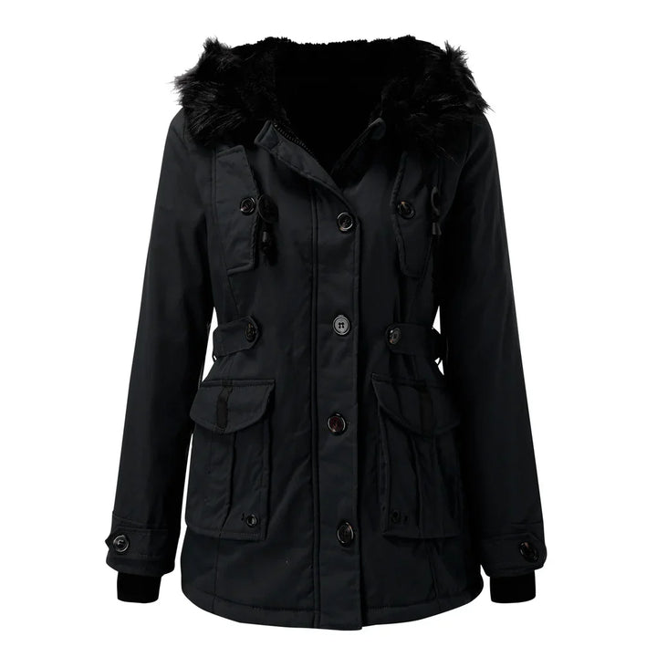 Lange dames winterjas met capuchon, gewatteerde stof en stevige rits, voor stijlvolle warmte en bescherming in de winter.