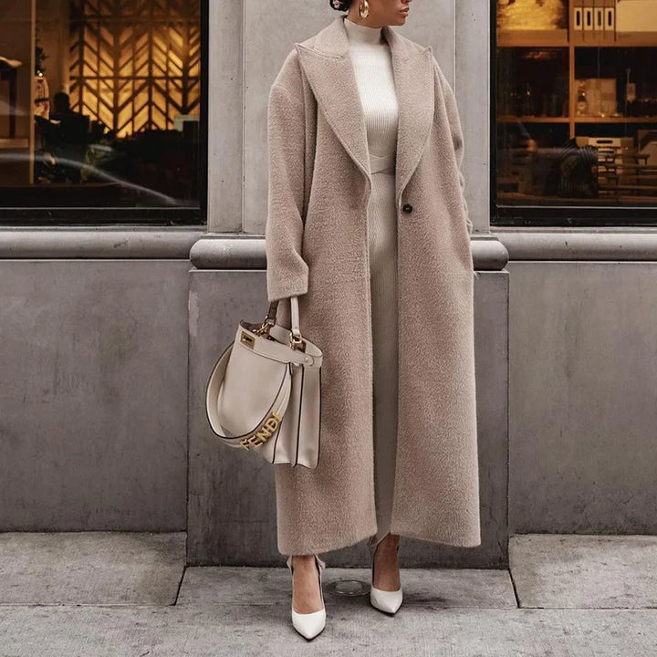 Lange dames winterjas met knoop, elegante reverskraag, luchtige pasvorm, stijlvolle en warme enkel-lange jas.
