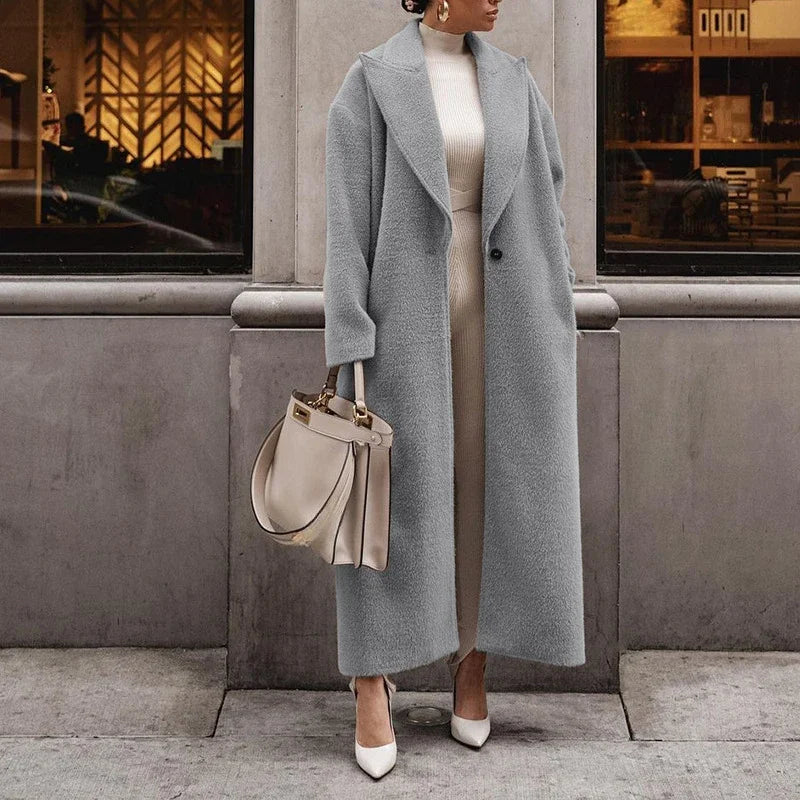 Lange dames winterjas met knoop, elegante reverskraag, luchtige pasvorm, stijlvolle en warme enkel-lange jas.