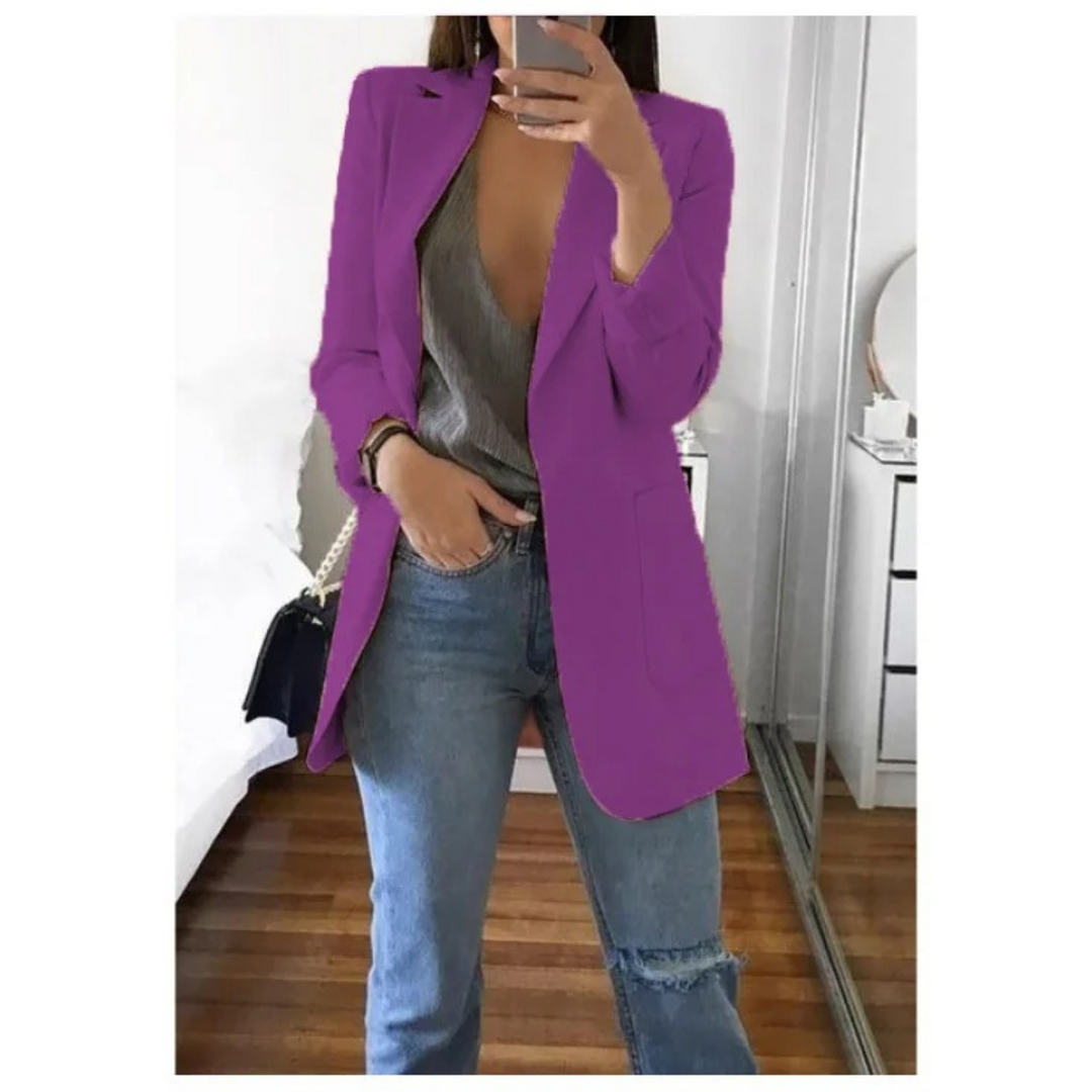 "Lange damesblazer - stijlvol, veelzijdig, blauw, elegant design, perfect voor modebewuste vrouw, hoogwaardig comfort."