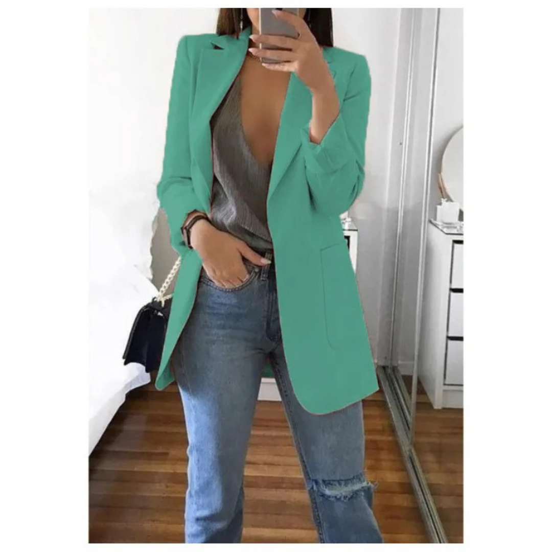 "Lange damesblazer - stijlvol, veelzijdig, blauw, elegant design, perfect voor modebewuste vrouw, hoogwaardig comfort."