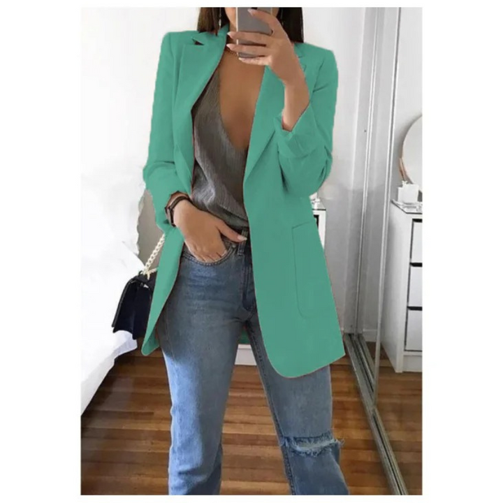 "Lange damesblazer - stijlvol, veelzijdig, blauw, elegant design, perfect voor modebewuste vrouw, hoogwaardig comfort."