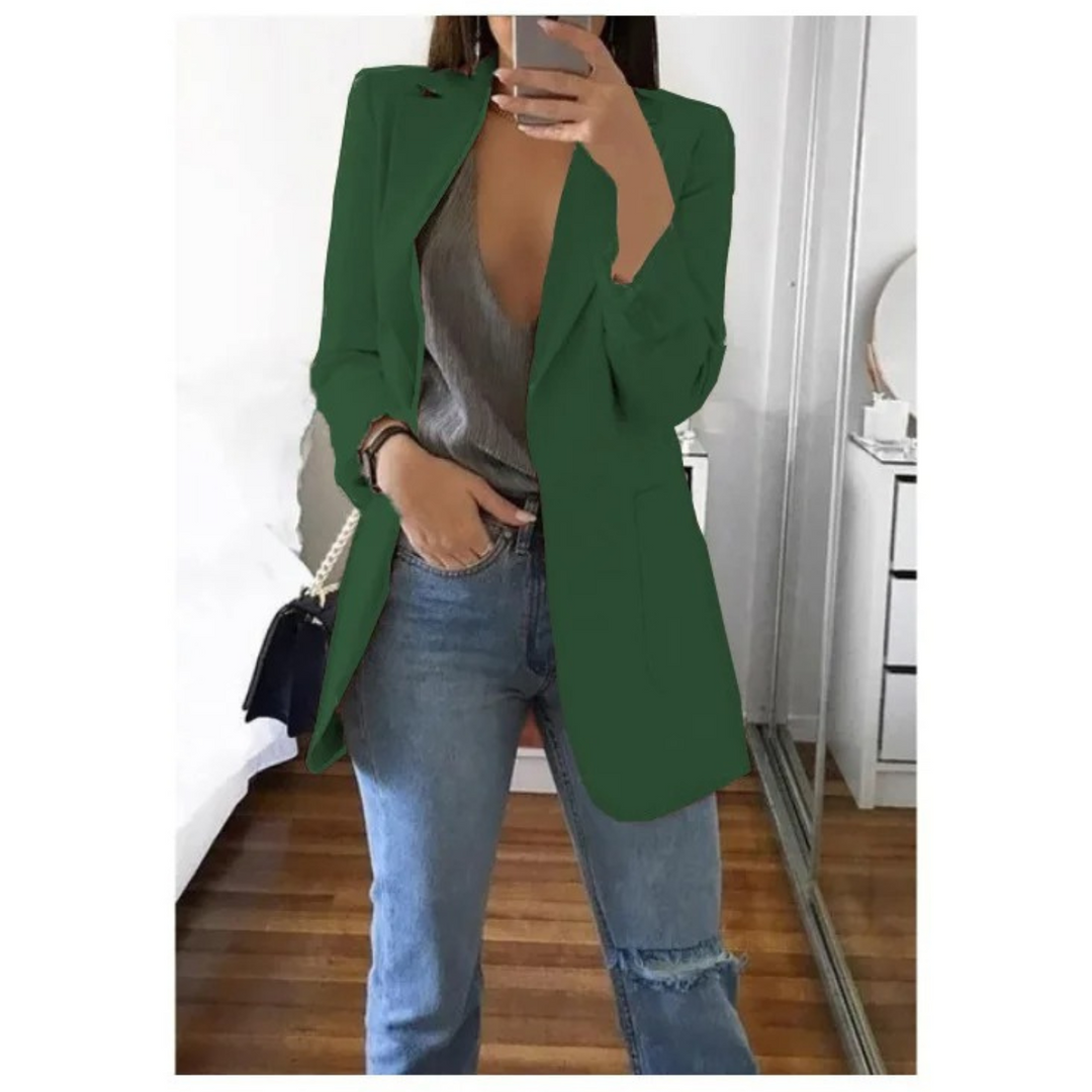 "Lange damesblazer - stijlvol, veelzijdig, blauw, elegant design, perfect voor modebewuste vrouw, hoogwaardig comfort."