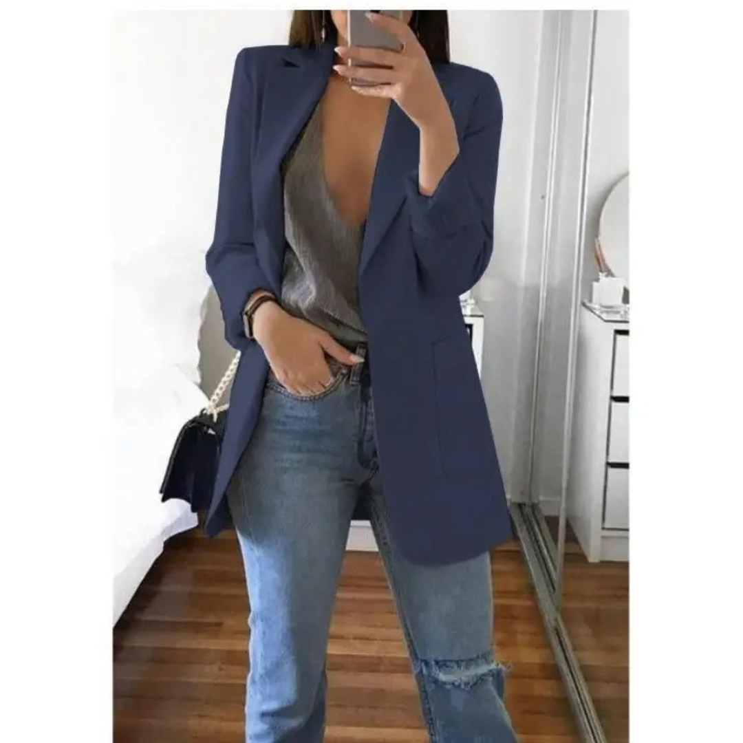"Lange damesblazer - stijlvol, veelzijdig, blauw, elegant design, perfect voor modebewuste vrouw, hoogwaardig comfort."