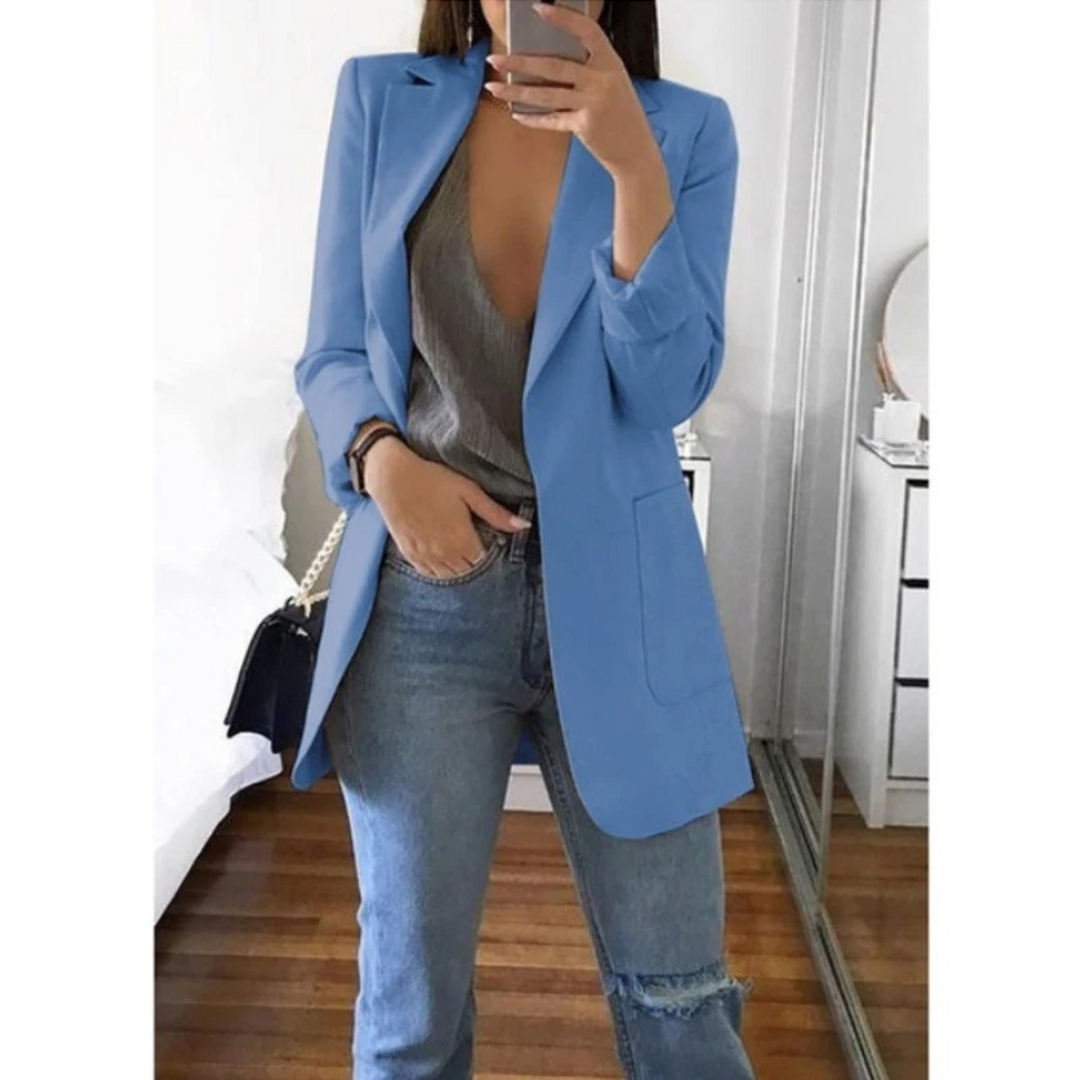 "Lange damesblazer - stijlvol, veelzijdig, blauw, elegant design, perfect voor modebewuste vrouw, hoogwaardig comfort."