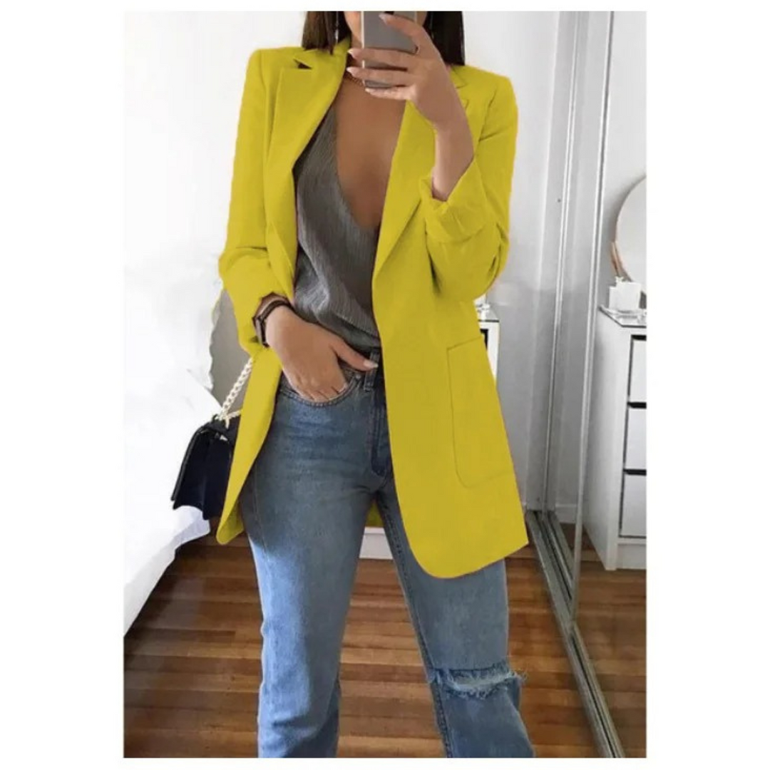 "Lange damesblazer - stijlvol, veelzijdig, blauw, elegant design, perfect voor modebewuste vrouw, hoogwaardig comfort."