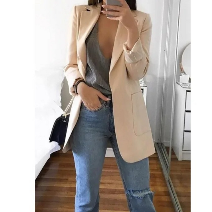 "Lange damesblazer - stijlvol, veelzijdig, blauw, elegant design, perfect voor modebewuste vrouw, hoogwaardig comfort."