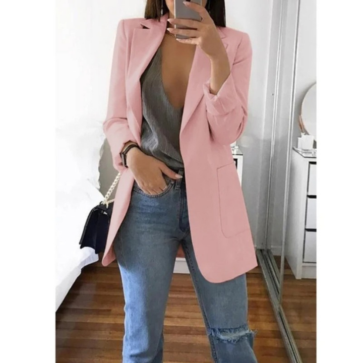 "Lange damesblazer - stijlvol, veelzijdig, blauw, elegant design, perfect voor modebewuste vrouw, hoogwaardig comfort."