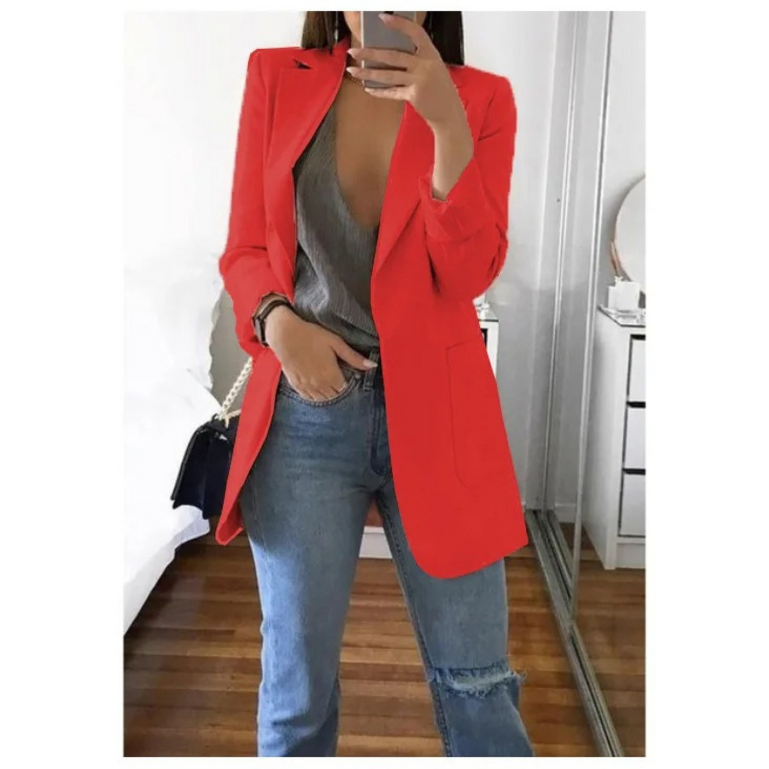 "Lange damesblazer - stijlvol, veelzijdig, blauw, elegant design, perfect voor modebewuste vrouw, hoogwaardig comfort."