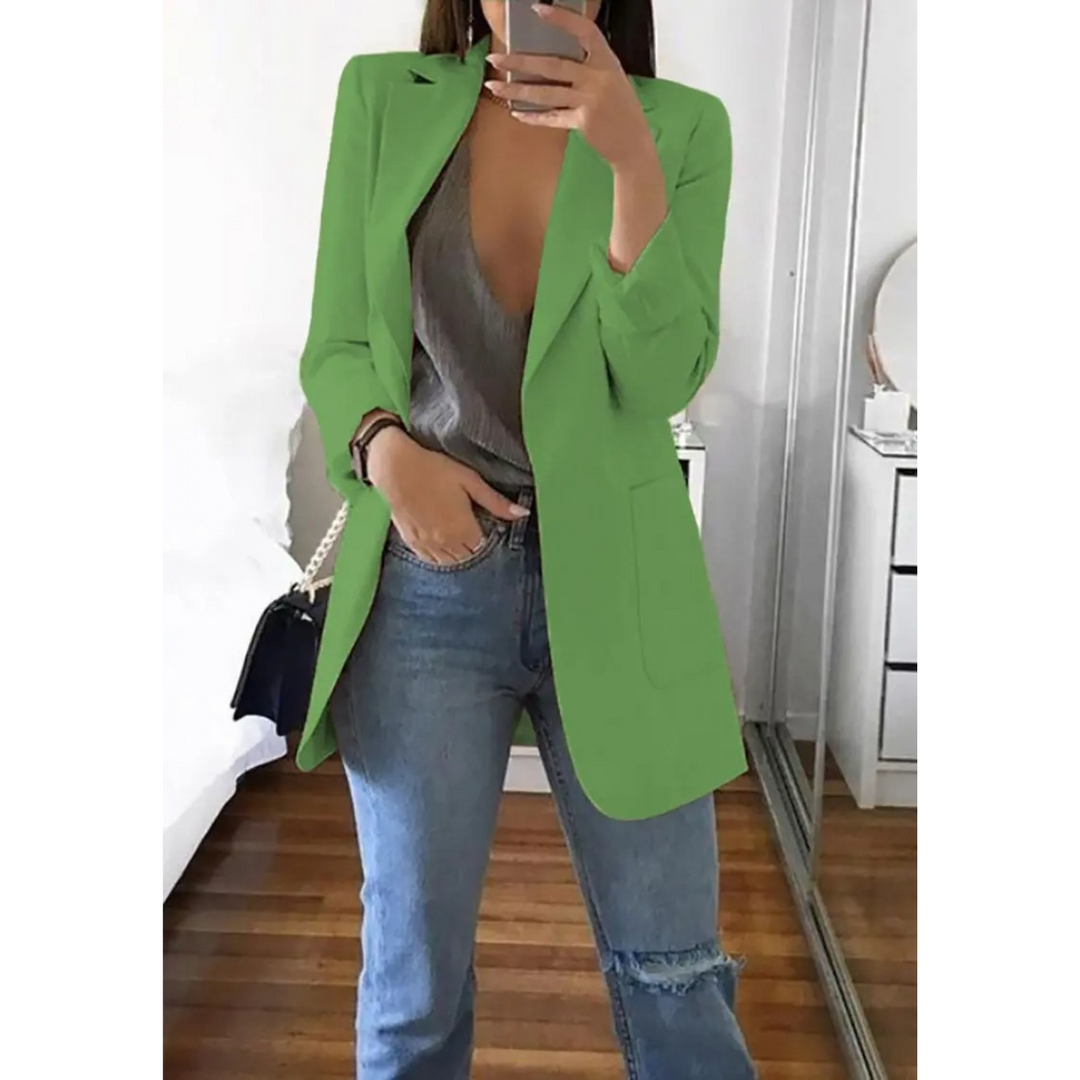 "Lange damesblazer - stijlvol, veelzijdig, blauw, elegant design, perfect voor modebewuste vrouw, hoogwaardig comfort."