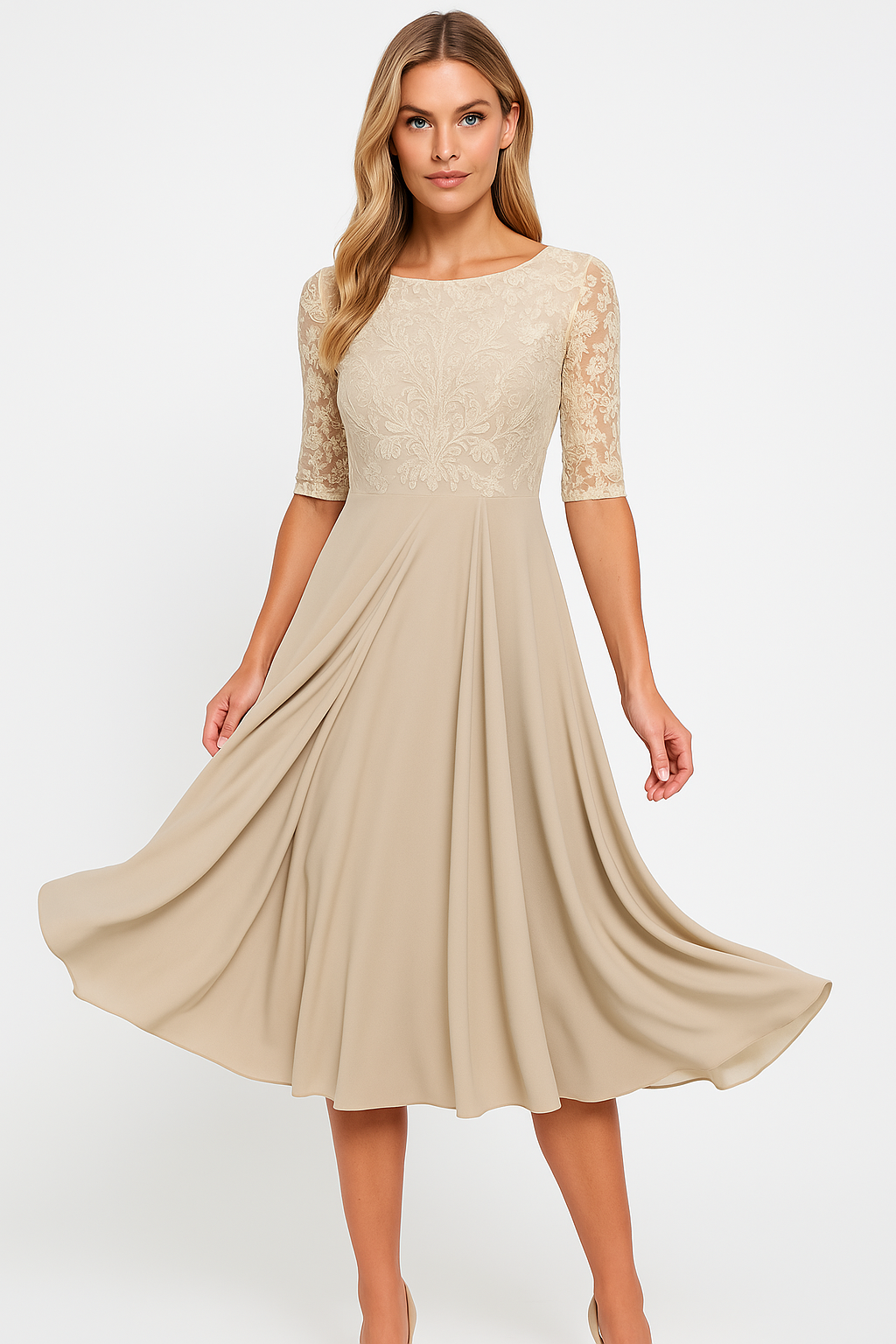 "Lange elegante dames maxi avondjurk in blauw polyester met ronde hals en halflange mouwen, zomer stijl."