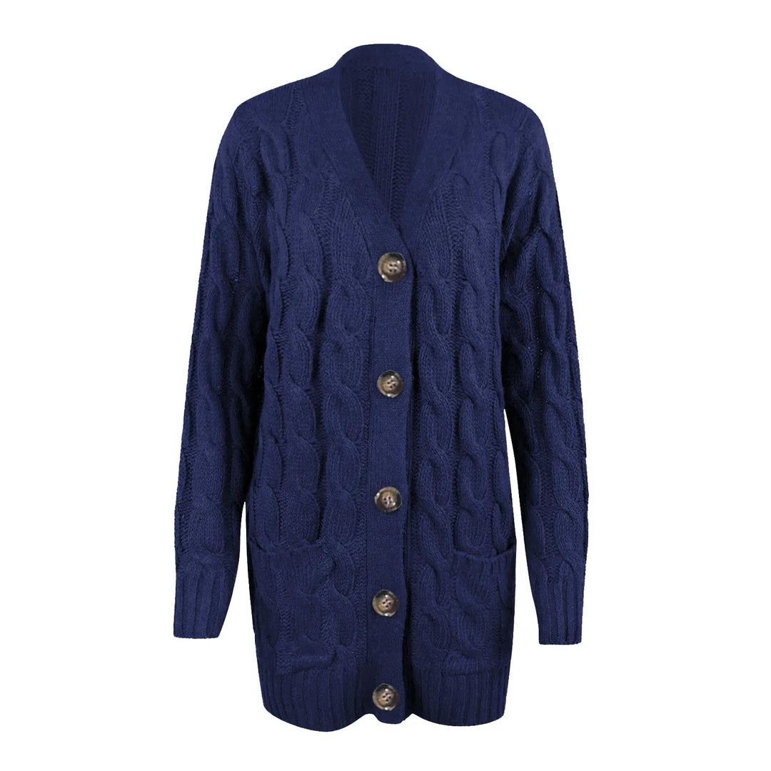 "Lange gebreide damescardigan in zachte stof met knoopsluiting en zakken, ideaal voor casual lente looks."