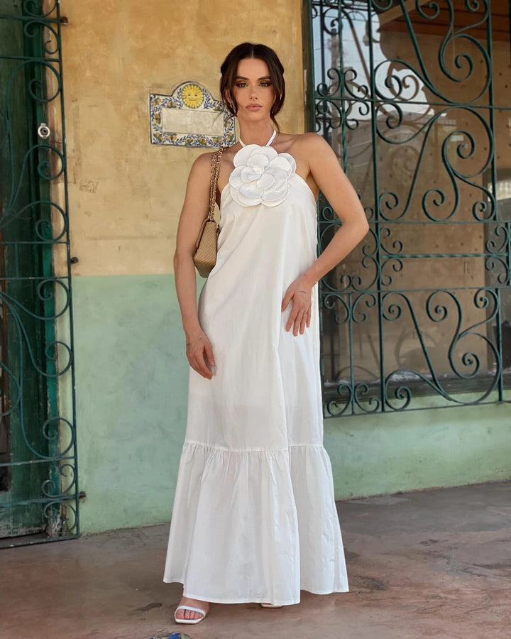 "Lange halterjurk met kant, maxi lengte en kanten details, luchtige katoenmix, elegante dameszomerjurk."