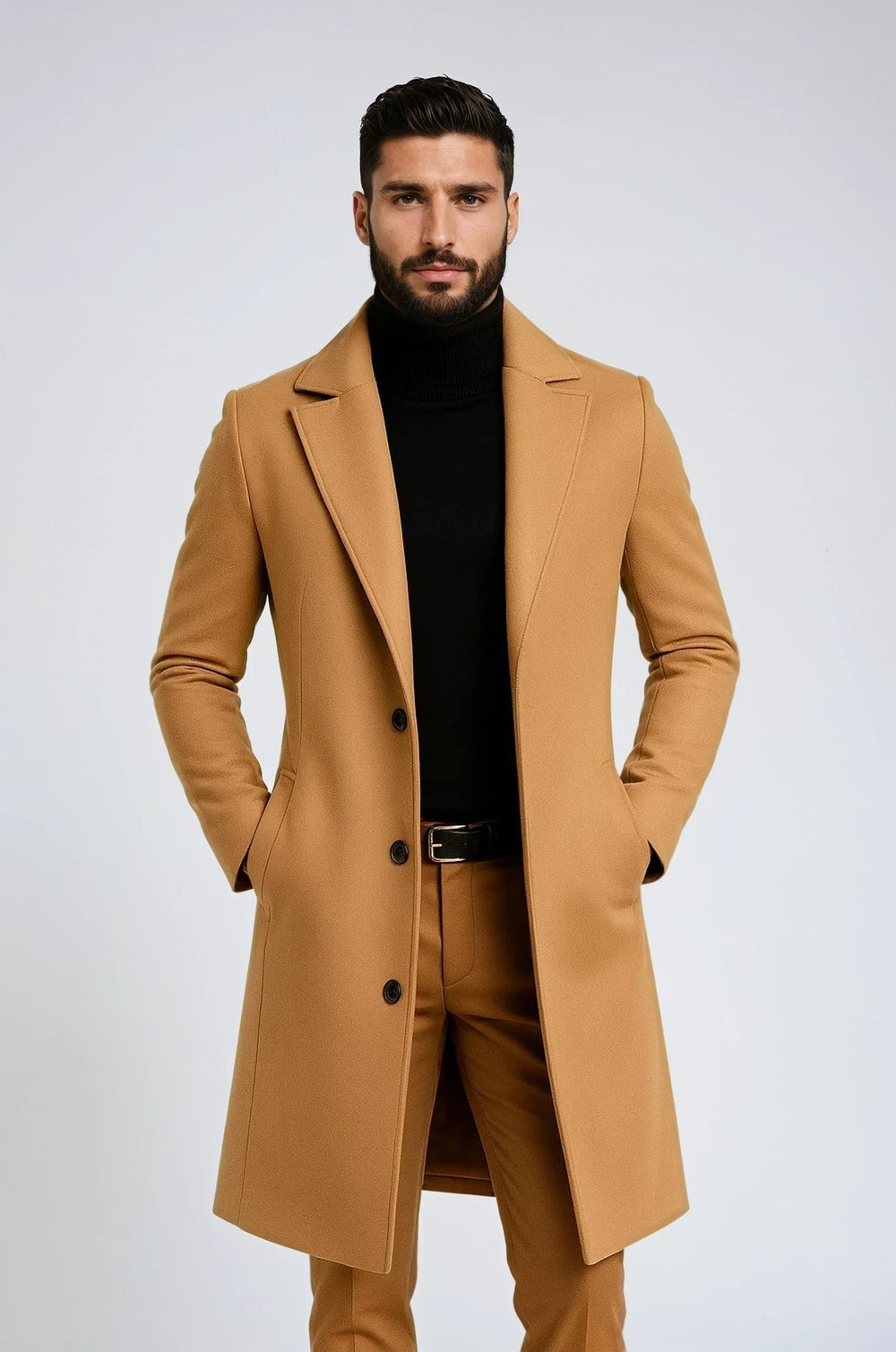 "Lange heren winterjas met stijlvolle knoopsluiting, elegante snit en warme uitstraling, ideaal voor koude winterdagen."