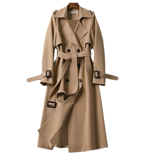 Lange khaki damesjas met dubbele knopen, elegant ontwerp, perfecte winterkeuze; stijlvolle en warme damesmode.