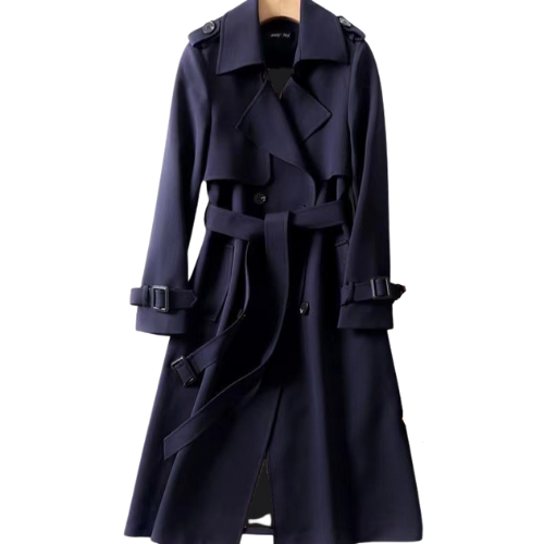 Lange khaki damesjas met dubbele knopen, elegant ontwerp, perfecte winterkeuze; stijlvolle en warme damesmode.
