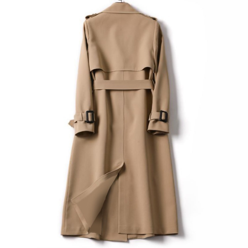 Lange khaki damesjas met dubbele knopen, elegant ontwerp, perfecte winterkeuze; stijlvolle en warme damesmode.