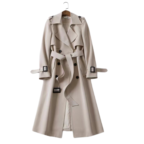 Lange khaki damesjas met dubbele knopen, elegant ontwerp, perfecte winterkeuze; stijlvolle en warme damesmode.