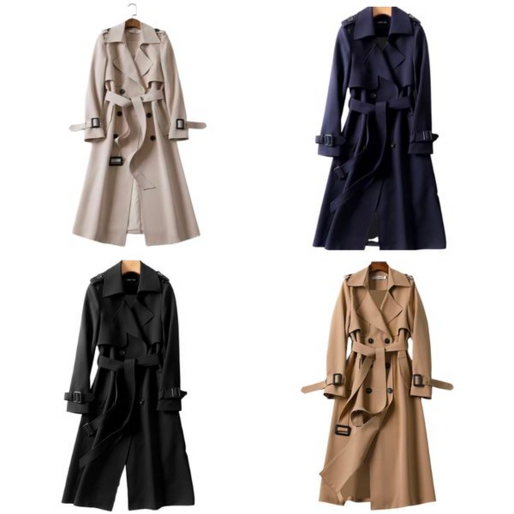 Lange khaki damesjas met dubbele knopen, elegant ontwerp, perfecte winterkeuze; stijlvolle en warme damesmode.