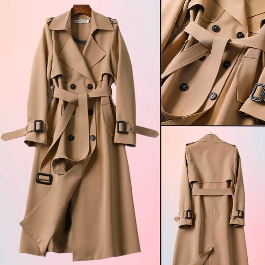 Lange khaki damesjas met dubbele knopen, elegant ontwerp, perfecte winterkeuze; stijlvolle en warme damesmode.