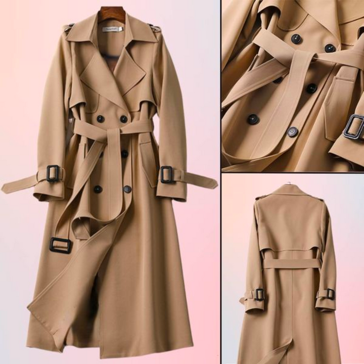 Lange khaki damesjas met dubbele knopen, elegant ontwerp, perfecte winterkeuze; stijlvolle en warme damesmode.