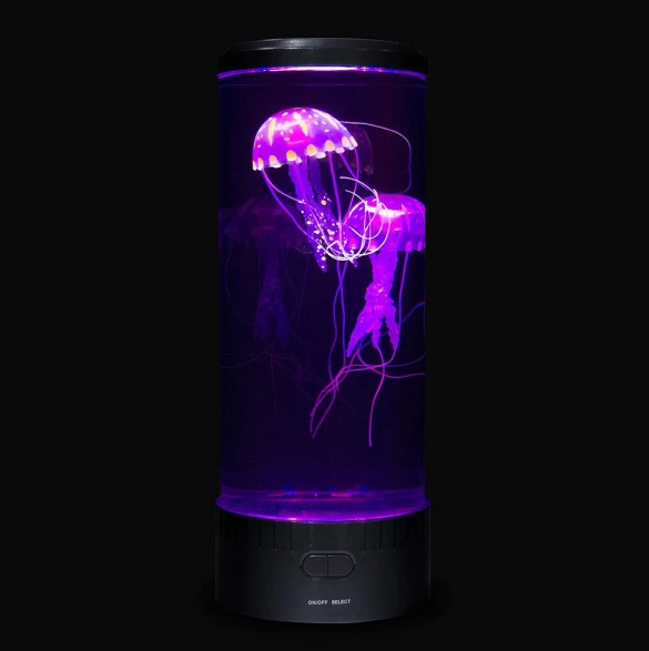 "LED lavalampe met magische, beweeglijke kwallen met rustgevende kleuren en sfeervolle verlichting op een tafel."