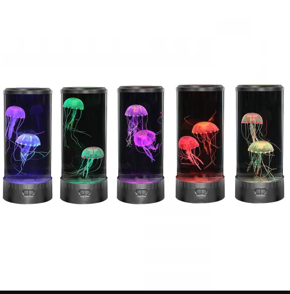 "LED lavalampe met magische, beweeglijke kwallen met rustgevende kleuren en sfeervolle verlichting op een tafel."