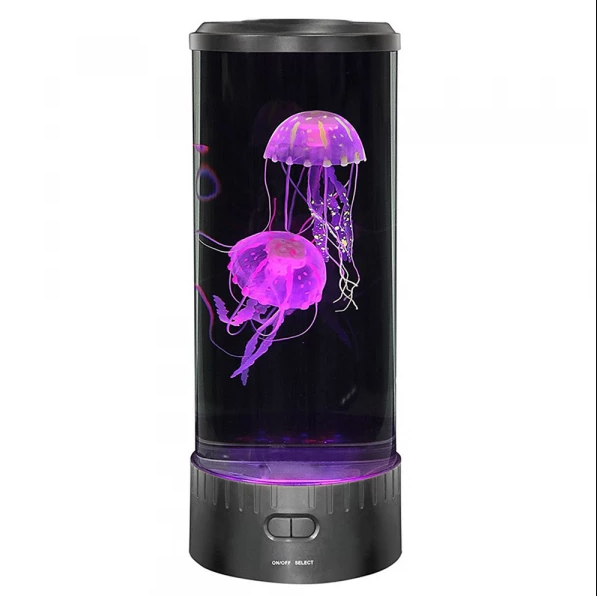 "LED lavalampe met magische, beweeglijke kwallen met rustgevende kleuren en sfeervolle verlichting op een tafel."