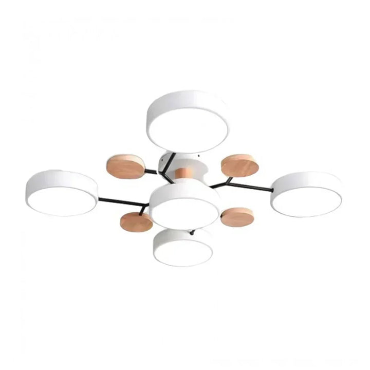 "LED plafondlamp modern Scandinavisch design, metaal en hout, artistieke lichttakken, warme en dimbare verlichting."