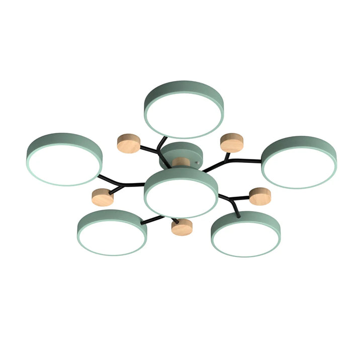 "LED plafondlamp modern Scandinavisch design, metaal en hout, artistieke lichttakken, warme en dimbare verlichting."