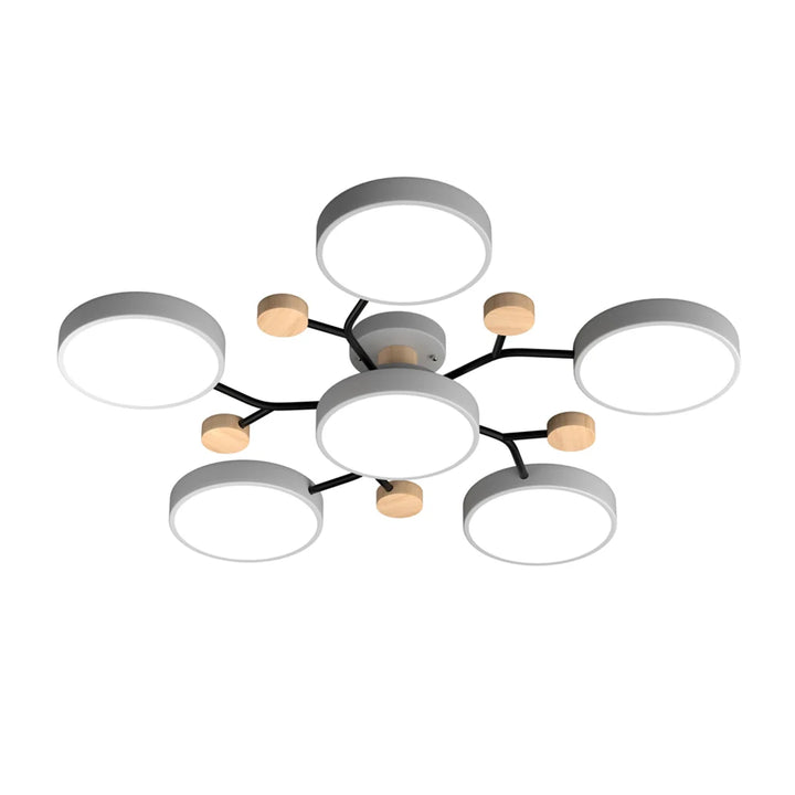 "LED plafondlamp modern Scandinavisch design, metaal en hout, artistieke lichttakken, warme en dimbare verlichting."