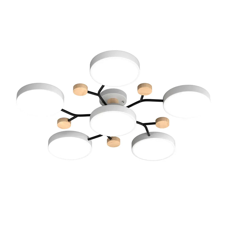 "LED plafondlamp modern Scandinavisch design, metaal en hout, artistieke lichttakken, warme en dimbare verlichting."