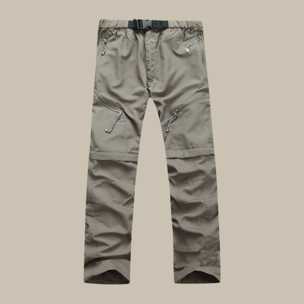 "Legergroene heren afritsbroek, outdoor comfort, veelzijdige stijl, geschikt voor wandelingen en stadsverkenningen."