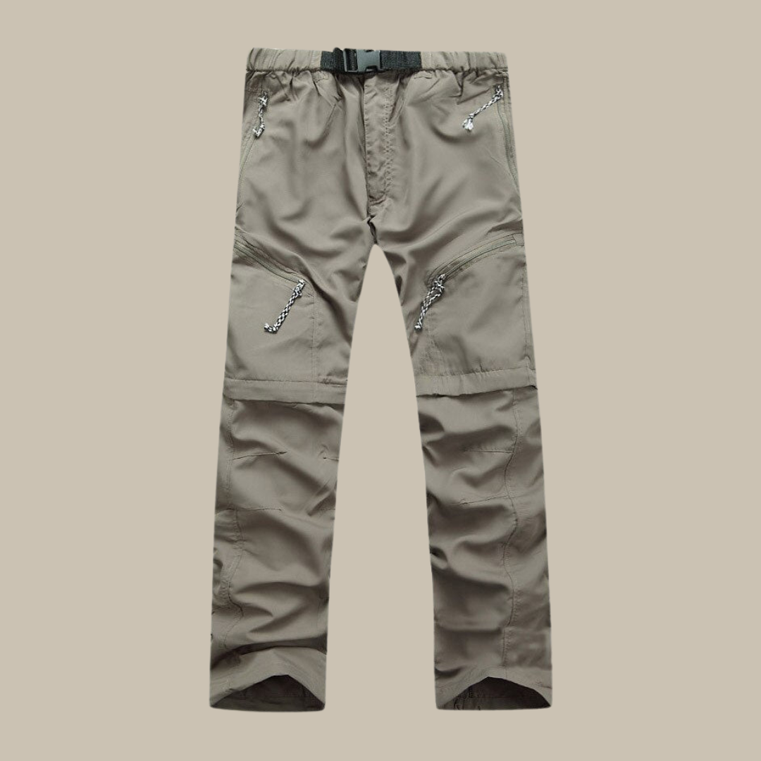 "Legergroene heren afritsbroek, outdoor comfort, veelzijdige stijl, geschikt voor wandelingen en stadsverkenningen."