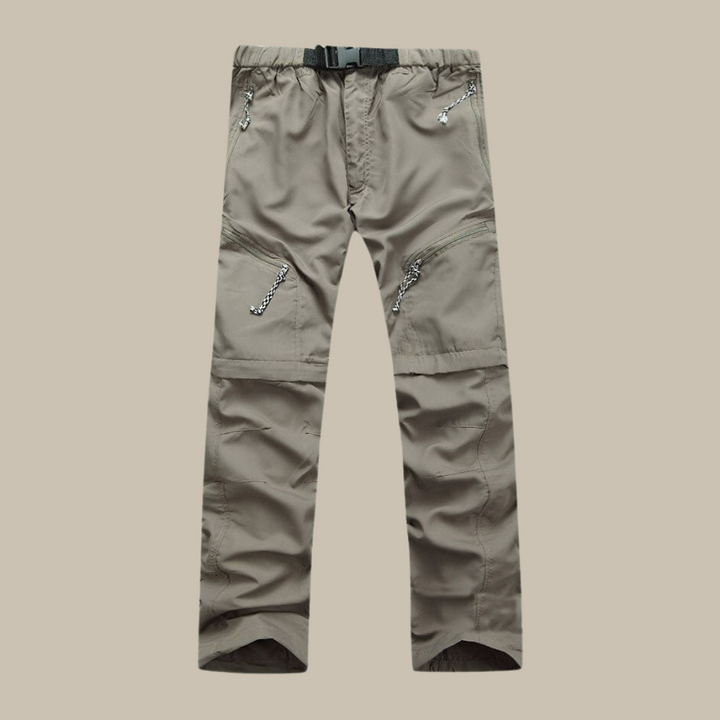 "Legergroene heren afritsbroek, outdoor comfort, veelzijdige stijl, geschikt voor wandelingen en stadsverkenningen."