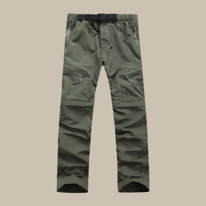 "Legergroene heren afritsbroek, outdoor comfort, veelzijdige stijl, geschikt voor wandelingen en stadsverkenningen."