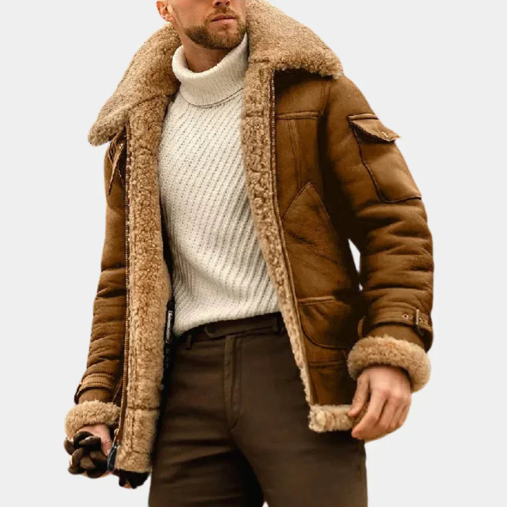 "Leren winterjas heren pilotenstijl, warm en weerbestendig met stevige ritssluiting, comfortabele fit en handige zakken."