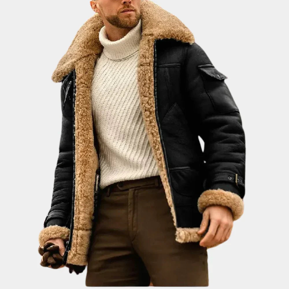 "Leren winterjas heren pilotenstijl, warm en weerbestendig met stevige ritssluiting, comfortabele fit en handige zakken."