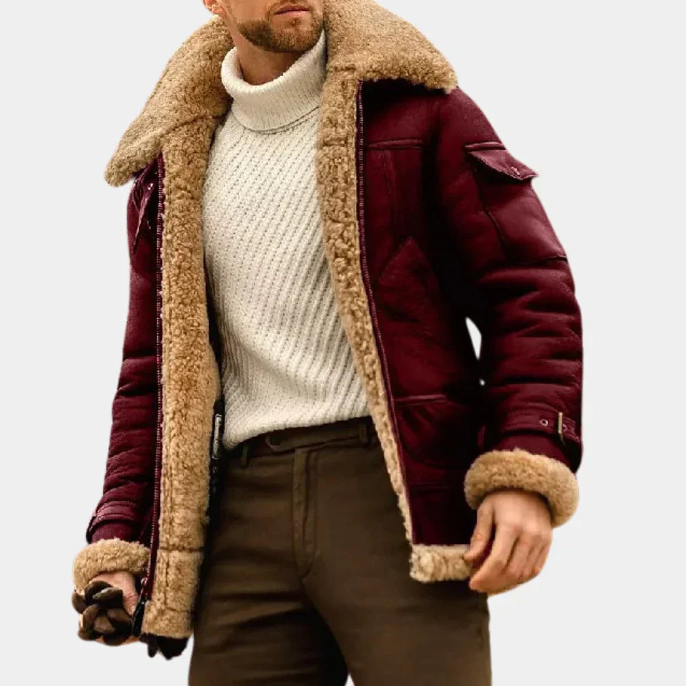 "Leren winterjas heren pilotenstijl, warm en weerbestendig met stevige ritssluiting, comfortabele fit en handige zakken."