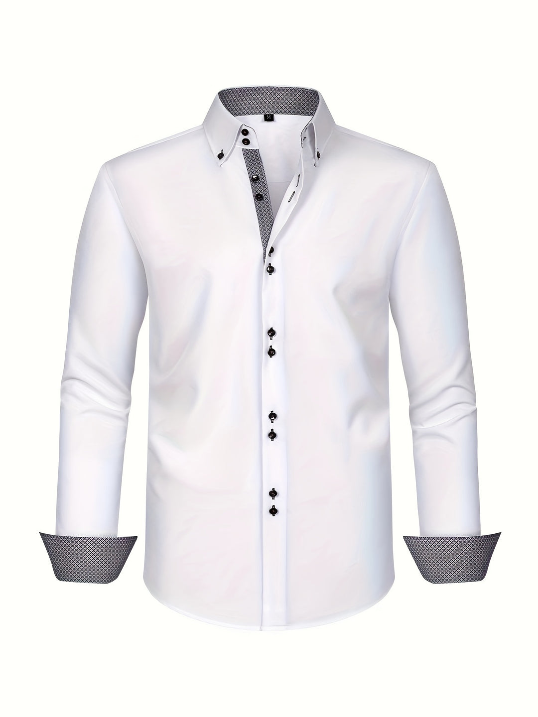 "Lichtblauw herenoverhemd, elegant dubbelrijig, met contrastmanchetten, perfect voor formele lente-evenementen."