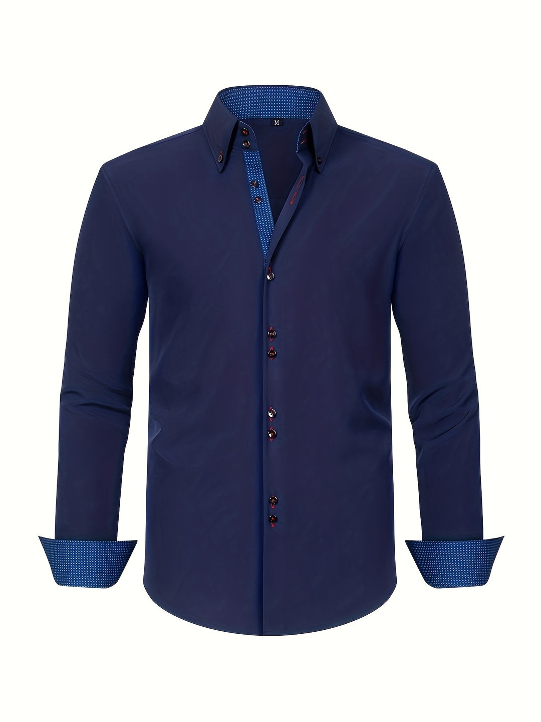 "Lichtblauw herenoverhemd, elegant dubbelrijig, met contrastmanchetten, perfect voor formele lente-evenementen."
