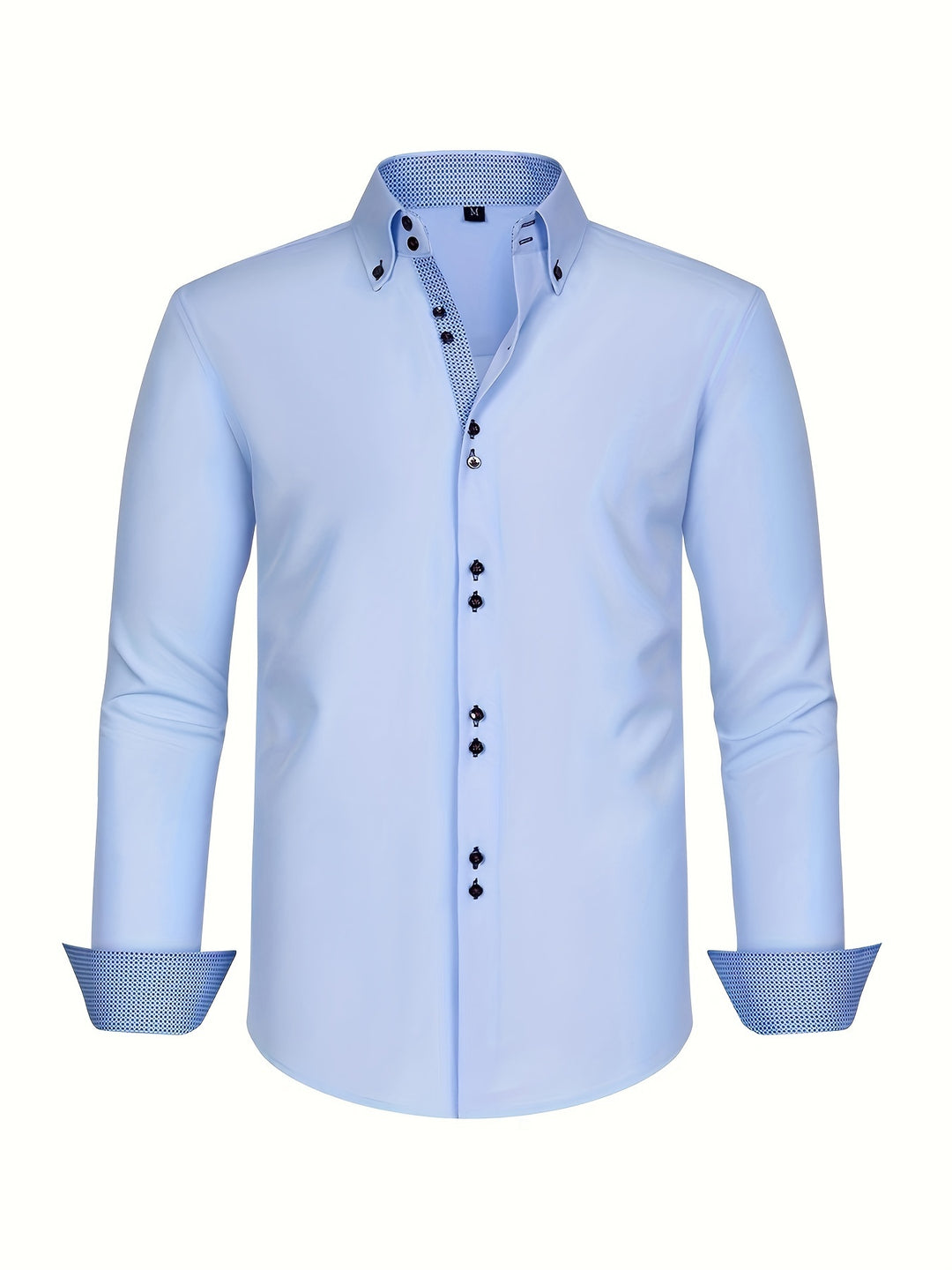 "Lichtblauw herenoverhemd, elegant dubbelrijig, met contrastmanchetten, perfect voor formele lente-evenementen."