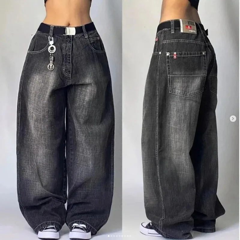 "Lichtblauwe unisex retro baggy cargo jeans met hoge taille en wijde pijpen, geïnspireerd door punkstijl en comfort."