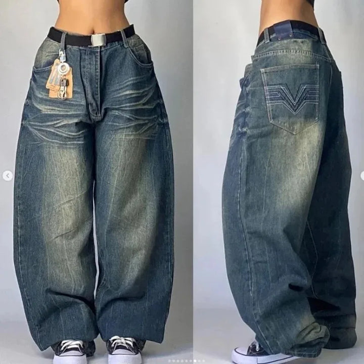 "Lichtblauwe unisex retro baggy cargo jeans met hoge taille en wijde pijpen, geïnspireerd door punkstijl en comfort."