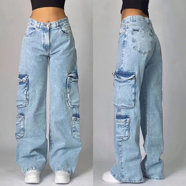 "Lichtblauwe unisex retro baggy cargo jeans met hoge taille en wijde pijpen, geïnspireerd door punkstijl en comfort."