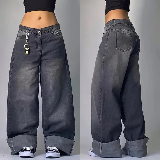 "Lichtblauwe unisex retro baggy cargo jeans met hoge taille en wijde pijpen, geïnspireerd door punkstijl en comfort."