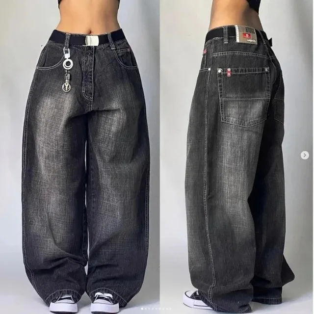 "Lichtblauwe unisex retro baggy cargo jeans met hoge taille en wijde pijpen, geïnspireerd door punkstijl en comfort."