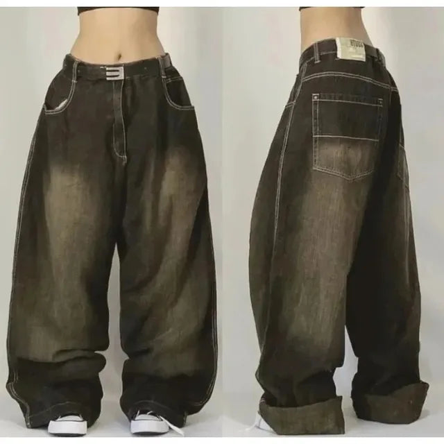 "Lichtblauwe unisex retro baggy cargo jeans met hoge taille en wijde pijpen, geïnspireerd door punkstijl en comfort."